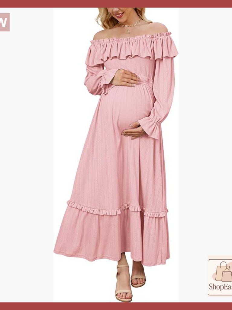 Cotton Blend Off Shoulder Maternity Dress Puff Sleeve Ruffle Maxi Elegant